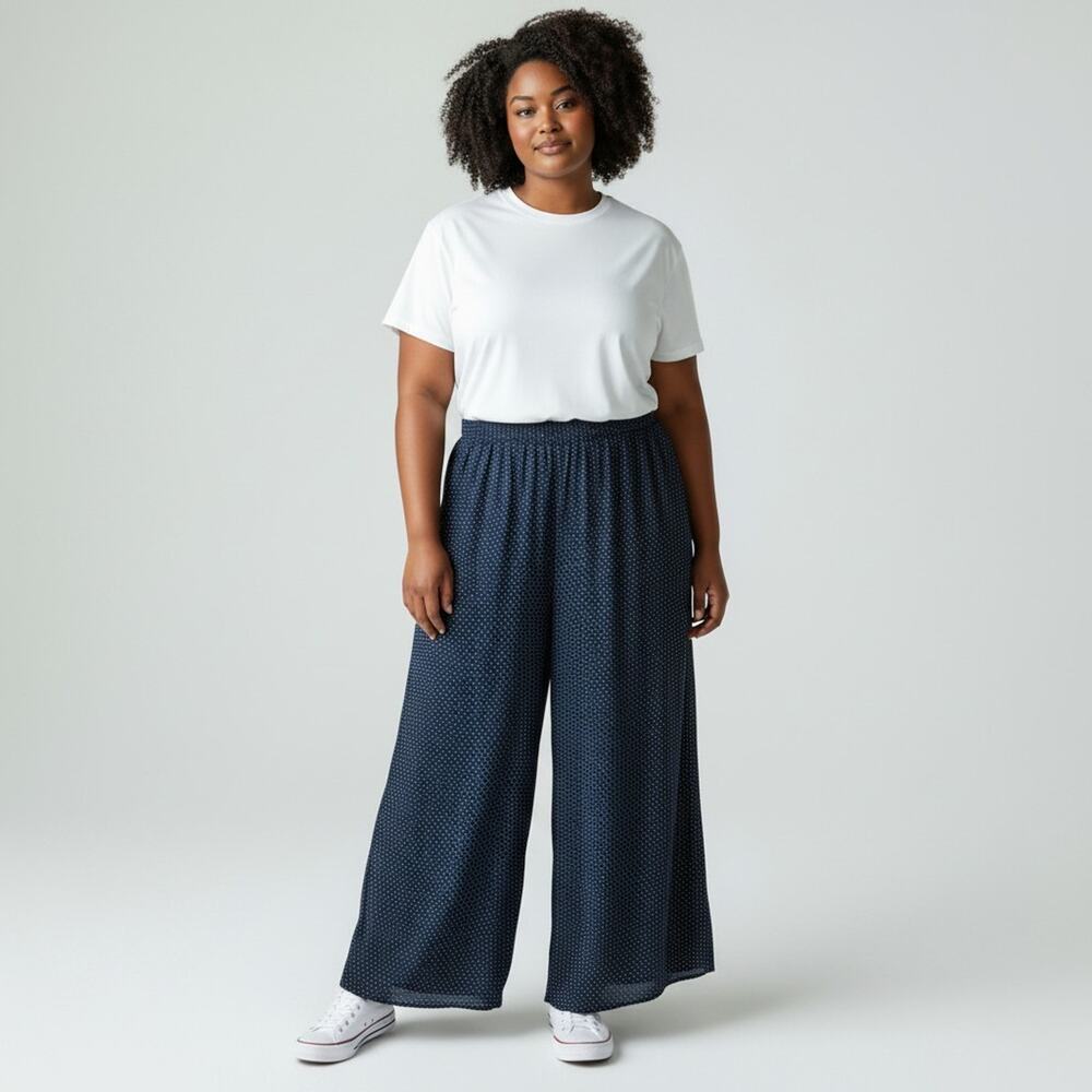 NWT Molly Bracken Blue White Wide Leg Pants 3X Nautical Coastal Palazzo Trousers